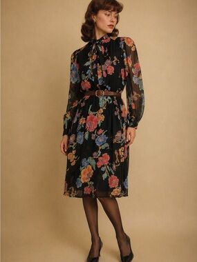 Vintage Sunshine Alley Floral Sheer Tie Neck Dress- Made in the USA